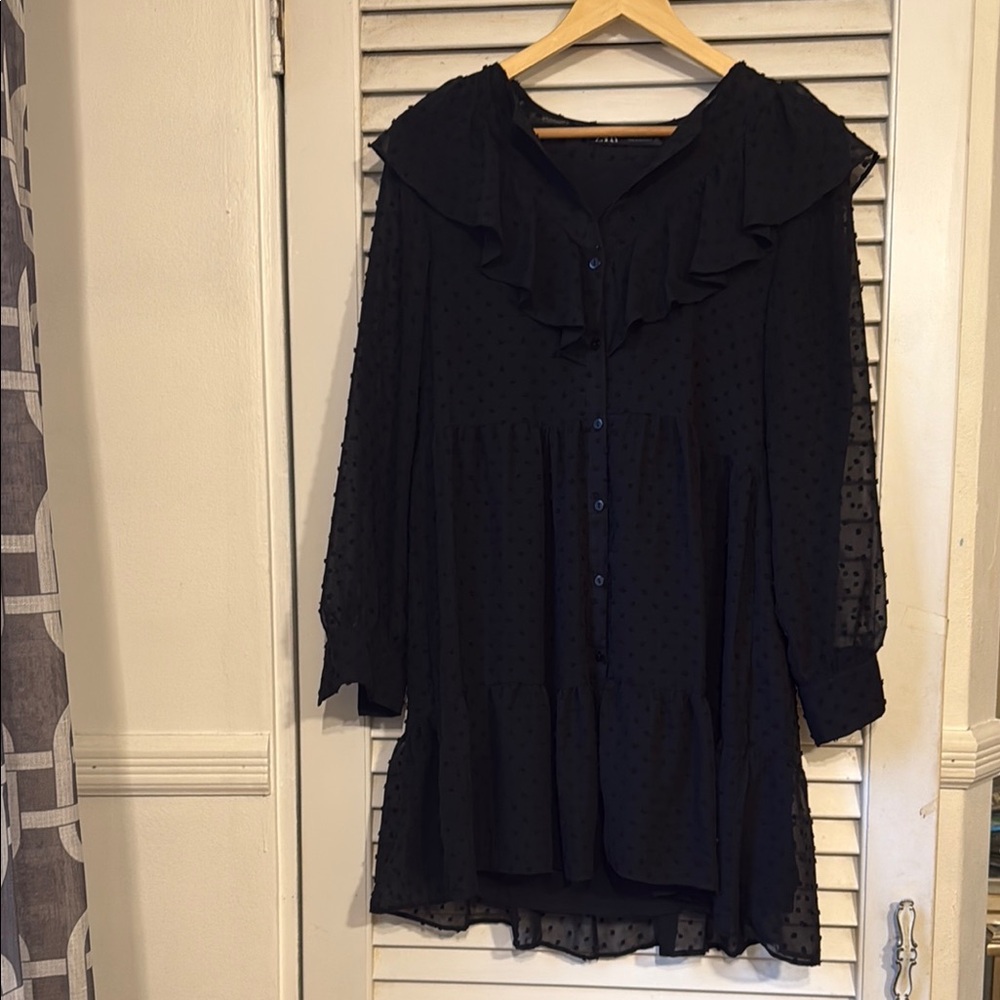 ZARA Black Dotted Mesh Sheer Sleeve Ruffle Dress